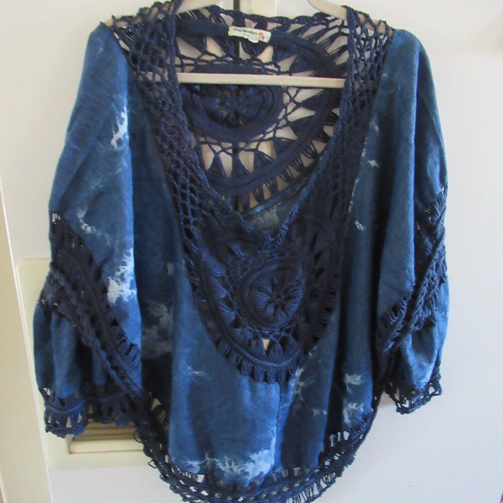 vivid importers modern poncho pullover top boho  blue tie dye fashion